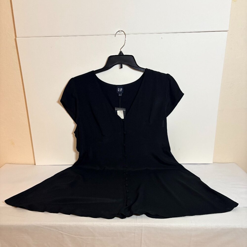 Gap Black 100% Viscose V Neck Cap Sleeves Button Up Side Zip Mini Dress Size 16